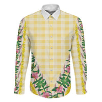 Hawaii Pikake Lokelani Plumeria Lei Family Matching Off Shoulder Short Dress and Hawaiian Shirt Yellow Palaka Motifs