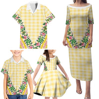 Hawaii Pikake Lokelani Plumeria Lei Family Matching Puletasi and Hawaiian Shirt Yellow Palaka Motifs