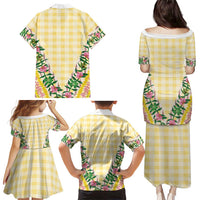 Hawaii Pikake Lokelani Plumeria Lei Family Matching Puletasi and Hawaiian Shirt Yellow Palaka Motifs