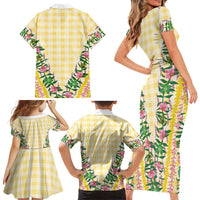 Hawaii Pikake Lokelani Plumeria Lei Family Matching Short Sleeve Bodycon Dress and Hawaiian Shirt Yellow Palaka Motifs