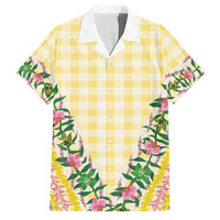 Hawaii Pikake Lokelani Plumeria Lei Family Matching Short Sleeve Bodycon Dress and Hawaiian Shirt Yellow Palaka Motifs