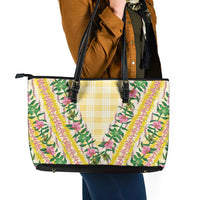 Hawaii Pikake Lokelani Plumeria Lei Leather Tote Bag Yellow Palaka Motifs
