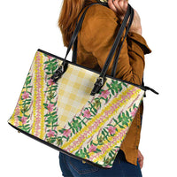 Hawaii Pikake Lokelani Plumeria Lei Leather Tote Bag Yellow Palaka Motifs