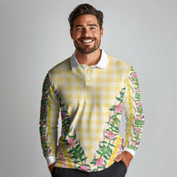Hawaii Pikake Lokelani Plumeria Lei Long Sleeve Polo Shirt Yellow Palaka Motifs