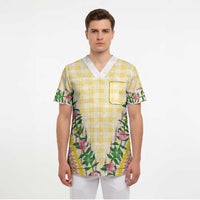 Hawaii Pikake Lokelani Plumeria Lei Scrub Top Yellow Palaka Motifs LT05 - Polynesian Pride