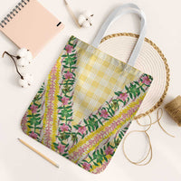 Hawaii Pikake Lokelani Plumeria Lei Tote Bag Yellow Palaka Motifs LT05 White Strap One Size Yellow - Polynesian Pride