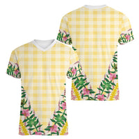 Hawaii Pikake Lokelani Plumeria Lei Women V-Neck T-Shirt Yellow Palaka Motifs