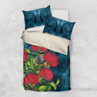 New Zealand Matariki Piwakawaka Bedding Set Maori Koru With Pohutukawa Flowers LT05 US Twin 172cm x 218cm Dark Teal - Polynesian Pride