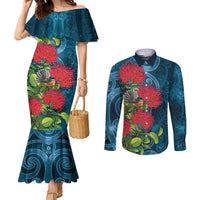 New Zealand Matariki Piwakawaka Couples Matching Mermaid Dress and Long Sleeve Button Shirt Maori Koru With Pohutukawa Flowers