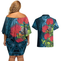 New Zealand Matariki Piwakawaka Couples Matching Off Shoulder Short Dress and Hawaiian Shirt Maori Koru With Pohutukawa Flowers