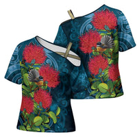 New Zealand Matariki Piwakawaka Cross Shoulder Shirt Maori Koru With Pohutukawa Flowers