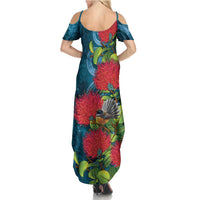 New Zealand Matariki Piwakawaka Summer Maxi Dress Maori Koru With Pohutukawa Flowers