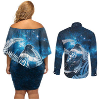 New Zealand Matariki Couples Matching Off Shoulder Short Dress and Long Sleeve Button Shirt Pigeon Kereru Maori Fern Art