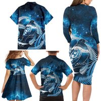 New Zealand Matariki Family Matching Long Sleeve Bodycon Dress and Hawaiian Shirt Pigeon Kereru Maori Fern Art