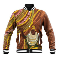 Hawaii King Kamehameha Baseball Jacket Hawaiian Kakau Pattern With Leis LT05 Unisex Brown - Polynesian Pride