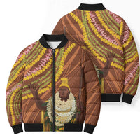 Hawaii King Kamehameha Bomber Puffer Jacket Hawaiian Kakau Pattern With Leis LT05 - Polynesian Pride
