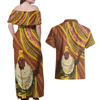 Hawaii King Kamehameha Couples Matching Off Shoulder Maxi Dress and Hawaiian Shirt Hawaiian Kakau Pattern With Leis LT05 - Polynesian Pride