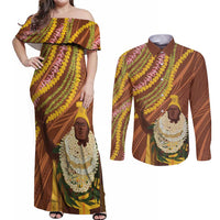 Hawaii King Kamehameha Couples Matching Off Shoulder Maxi Dress and Long Sleeve Button Shirt Hawaiian Kakau Pattern With Leis LT05 Brown - Polynesian Pride