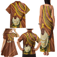 Hawaii King Kamehameha Family Matching Tank Maxi Dress and Hawaiian Shirt Hawaiian Kakau Pattern With Leis