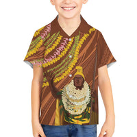 Hawaii King Kamehameha Kid Hawaiian Shirt Hawaiian Kakau Pattern With Leis LT05 Kid Brown - Polynesian Pride