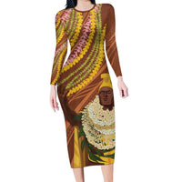 Hawaii King Kamehameha Long Sleeve Bodycon Dress Hawaiian Kakau Pattern With Leis LT05 Long Dress Brown - Polynesian Pride