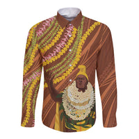 Hawaii King Kamehameha Long Sleeve Button Shirt Hawaiian Kakau Pattern With Leis LT05 Unisex Brown - Polynesian Pride