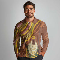 Hawaii King Kamehameha Long Sleeve Polo Shirt Hawaiian Kakau Pattern With Leis LT05 - Polynesian Pride