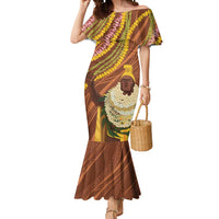 Hawaii King Kamehameha Mermaid Dress Hawaiian Kakau Pattern With Leis LT05 Women Brown - Polynesian Pride