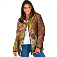Hawaii King Kamehameha Padded Jacket Hawaiian Kakau Pattern With Leis LT05 Women Brown - Polynesian Pride