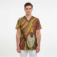 Hawaii King Kamehameha Scrub Top Hawaiian Kakau Pattern With Leis LT05 - Polynesian Pride
