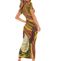 Hawaii King Kamehameha Short Sleeve Bodycon Dress Hawaiian Kakau Pattern With Leis LT05 - Polynesian Pride