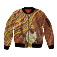 Hawaii King Kamehameha Sleeve Zip Bomber Jacket Hawaiian Kakau Pattern With Leis LT05 Unisex Brown - Polynesian Pride