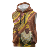 Hawaii King Kamehameha Sleeveless Hoodie Hawaiian Kakau Pattern With Leis LT05 Brown - Polynesian Pride