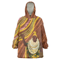 Hawaii King Kamehameha Wearable Blanket Hoodie Hawaiian Kakau Pattern With Leis LT05 One Size Brown - Polynesian Pride
