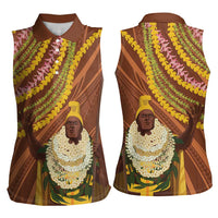 Hawaii King Kamehameha Women Sleeveless Polo Shirt Hawaiian Kakau Pattern With Leis LT05 - Polynesian Pride