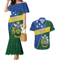 Personalised Solomon Islands Independence Day Couples Matching Mermaid Dress and Hawaiian Shirt With Coat Of Arms LT05 Green - Polynesian Pride