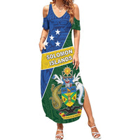 Personalised Solomon Islands Independence Day Family Matching Summer Maxi Dress and Hawaiian Shirt With Coat Of Arms