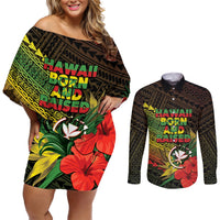 Personalized Hawaii Born and Raised Couples Matching Off Shoulder Short Dress and Long Sleeve Button Shirt Kanaka Maoli Flag Day LT05 Reggae - Polynesian Pride