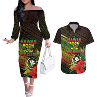 Personalized Hawaii Born and Raised Couples Matching Off The Shoulder Long Sleeve Dress and Hawaiian Shirt Kanaka Maoli Flag Day