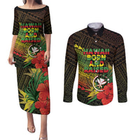 Personalized Hawaii Born and Raised Couples Matching Puletasi and Long Sleeve Button Shirt Kanaka Maoli Flag Day LT05 Reggae - Polynesian Pride