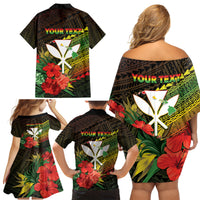 Personalized Hawaii Born and Raised Family Matching Off Shoulder Short Dress and Hawaiian Shirt Kanaka Maoli Flag Day