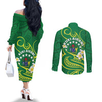 Cook Islands Happy Constitution Day Couples Matching Off The Shoulder Long Sleeve Dress and Long Sleeve Button Shirt Pattern Tribal Art LT05 - Polynesian Pride