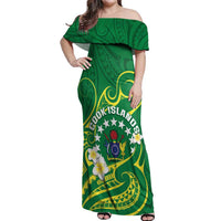 Cook Islands Happy Constitution Day Off Shoulder Maxi Dress Pattern Tribal Art LT05 Women Green - Polynesian Pride