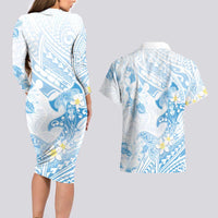 Polynesia Hammerhead Shark Couples Matching Long Sleeve Bodycon Dress and Hawaiian Shirt Tropical Flowers Tribal Pattern Blue LT05 - Polynesian Pride