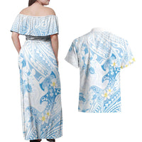 Polynesia Hammerhead Shark Couples Matching Off Shoulder Maxi Dress and Hawaiian Shirt Tropical Flowers Tribal Pattern Blue