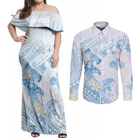Polynesia Hammerhead Shark Couples Matching Off Shoulder Maxi Dress and Long Sleeve Button Shirt Tropical Flowers Tribal Pattern Blue LT05 Blue - Polynesian Pride