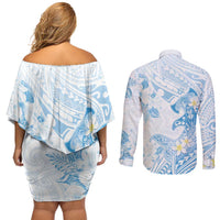 Polynesia Hammerhead Shark Couples Matching Off Shoulder Short Dress and Long Sleeve Button Shirt Tropical Flowers Tribal Pattern Blue LT05 - Polynesian Pride