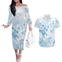 Polynesia Hammerhead Shark Couples Matching Off The Shoulder Long Sleeve Dress and Hawaiian Shirt Tropical Flowers Tribal Pattern Blue LT05 Blue - Polynesian Pride