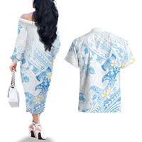 Polynesia Hammerhead Shark Couples Matching Off The Shoulder Long Sleeve Dress and Hawaiian Shirt Tropical Flowers Tribal Pattern Blue LT05 - Polynesian Pride