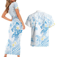 Polynesia Hammerhead Shark Couples Matching Short Sleeve Bodycon Dress and Hawaiian Shirt Tropical Flowers Tribal Pattern Blue LT05 - Polynesian Pride